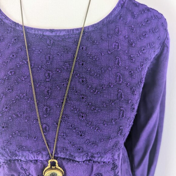 VTG 90s Y2K Purple Eyelet Floral Embroidery Long Sleeve Flowy Babydoll Top - Picture 4 of 5